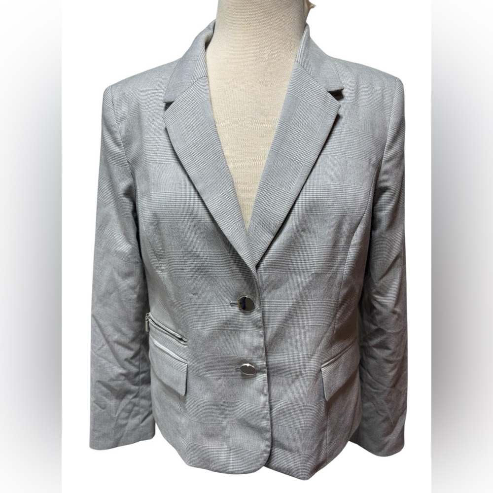 Calvin Klein Grey Glen Plaid Two-Button Blazer Jacket Silver Hardware 10 #563